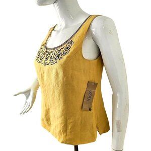 Kasper Sleeveless Top Side Zip Saffron Gold Linen Black Embroider Womens 4 NWT